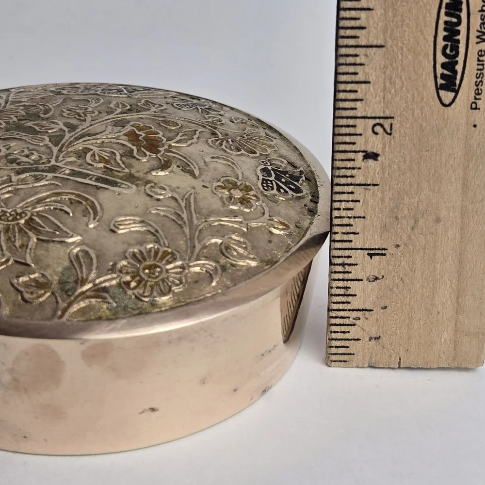Vintage MCM Brass Floral Etched Round Trinket Dish India